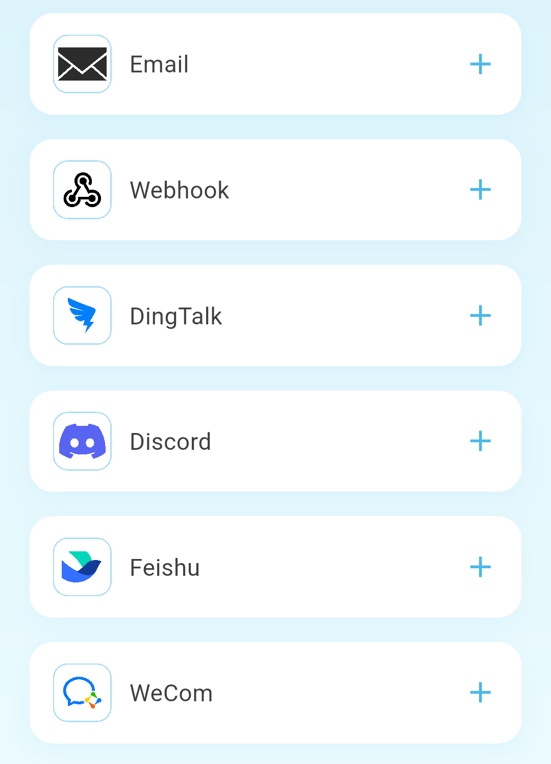 Third-party services you can add: Email, Webhook, DingTalk, Discord, Feishu, and WeCom